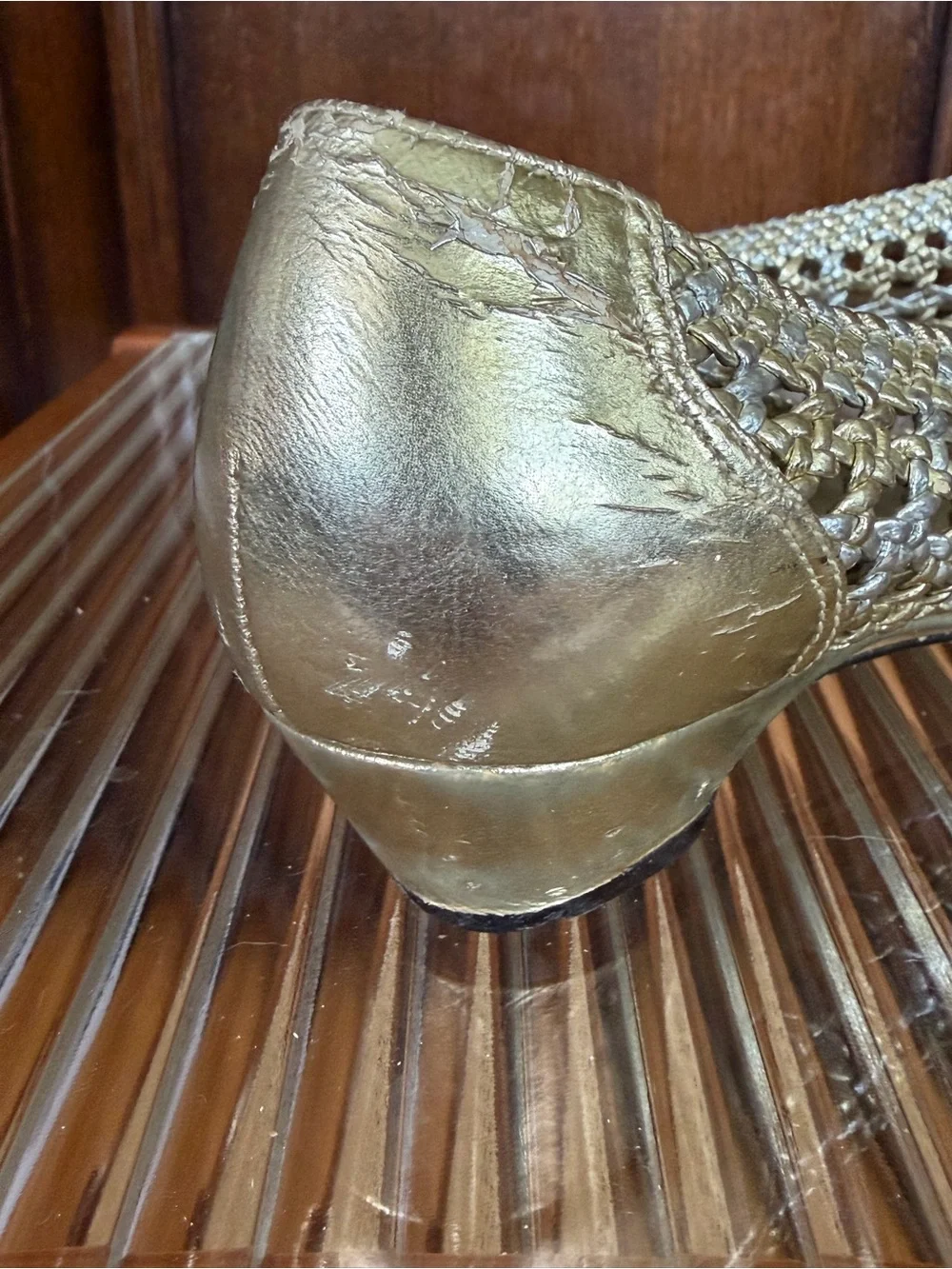 Vintage 1980s Two Tone Metallic Gold & Silver Woven Peep-Toe Flats, size 6 / 7
